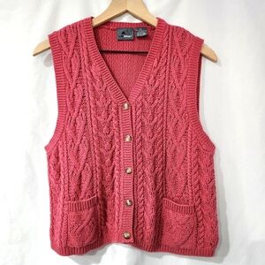 Lizwear Women's Sweater Vest Size M Rose Cable Knit Button Front Scandi Preppy
